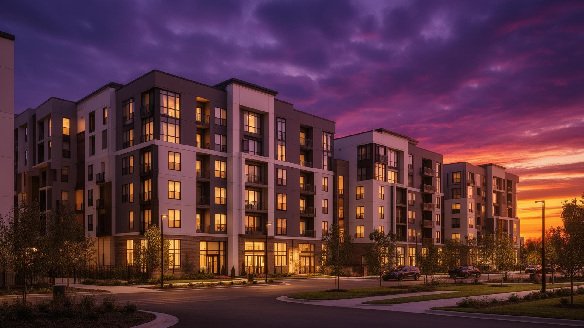 Modern multi-family apartment building complex at dusk